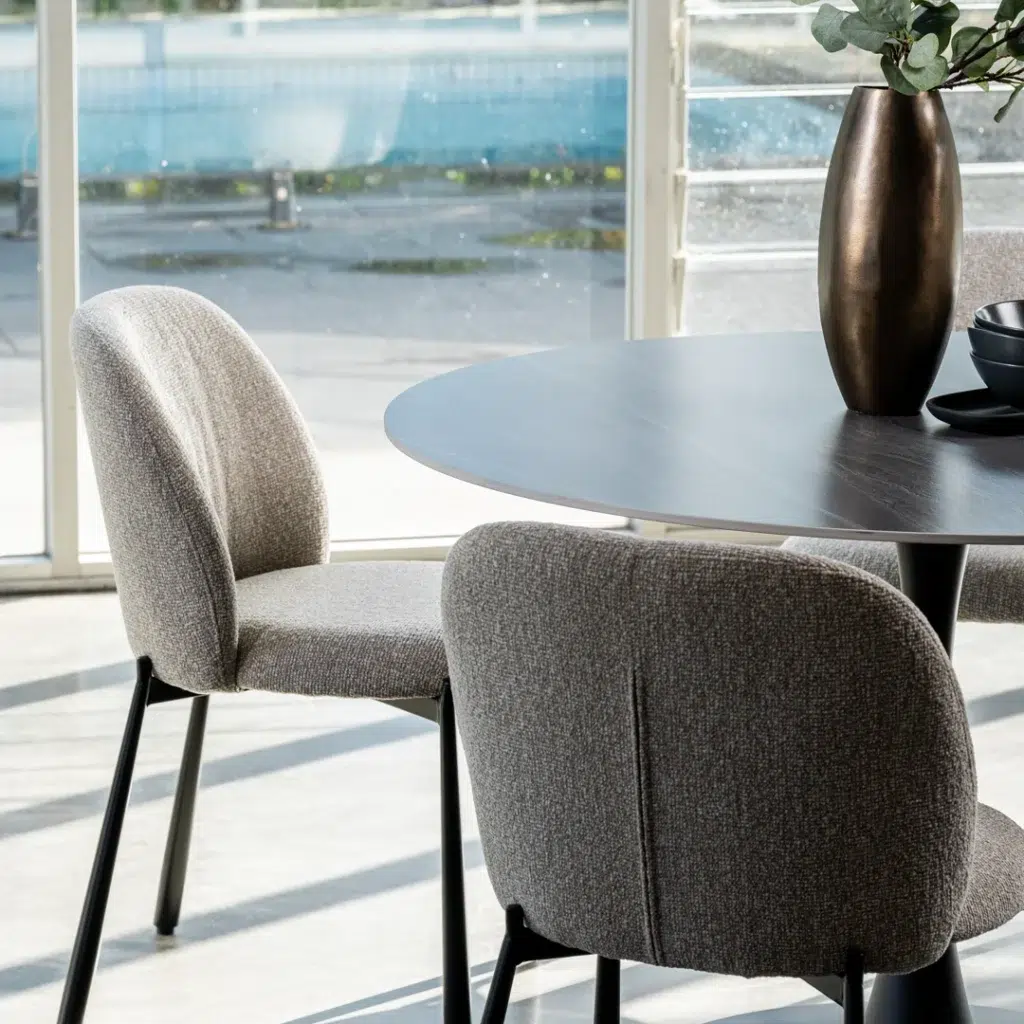 Miya Dining Chair Sand Set of 2 with black metal frame and textured neutral fabric upholstery