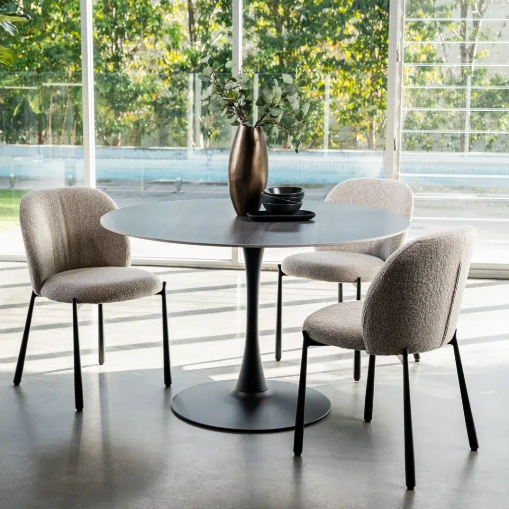 Miya Dining Chair Sand Set of 2 with black metal frame and textured neutral fabric upholstery