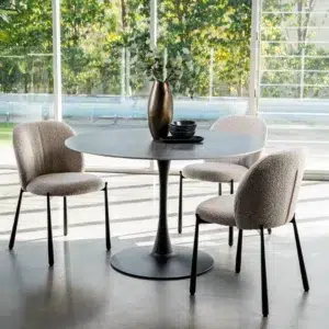 Miya Dining Chair Sand Set of 2 with black metal frame and textured neutral fabric upholstery