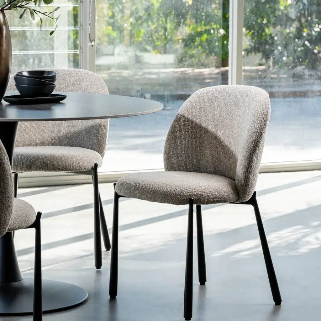 Miya Dining Chair Sand Set of 2 with black metal frame and textured fabric upholstery