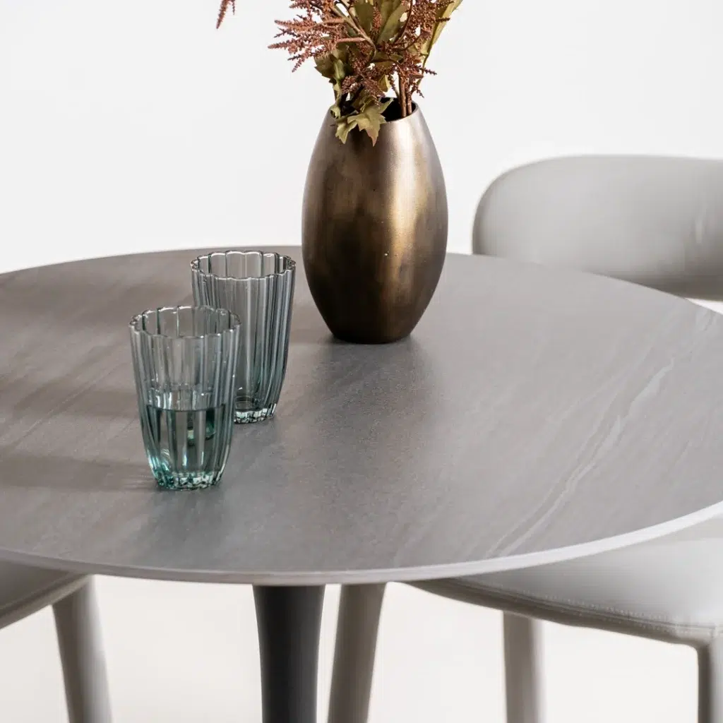 Ava Scandi Dining Table Black Sand Matte Ceramic Top Black Metal Base