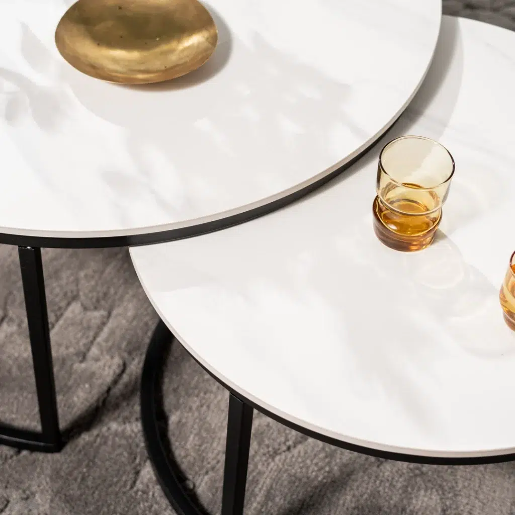 Snow White Ceramic Coffee Table Set Marble Effect Scratch Resistant