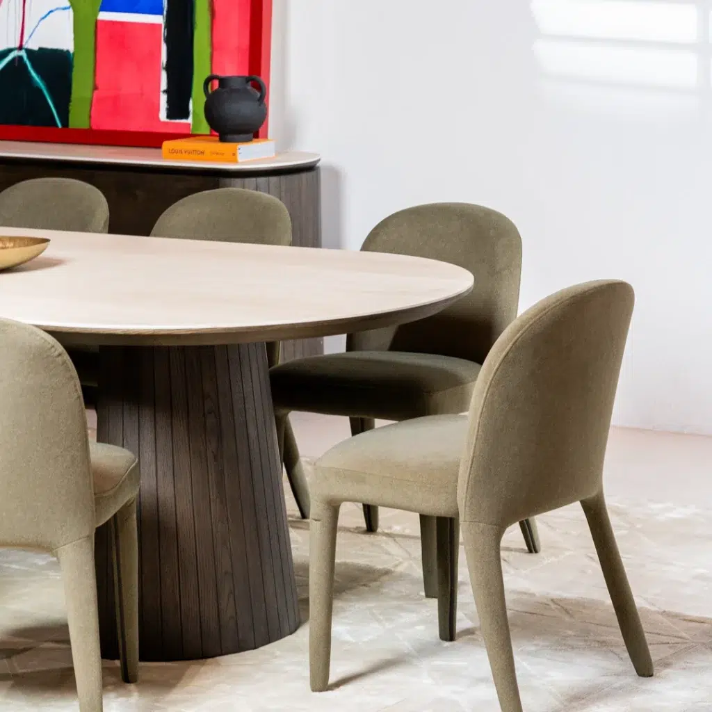 Onasis Leaf dining chairs set of 2 with neutral leafmohair upholstery for modern interiors