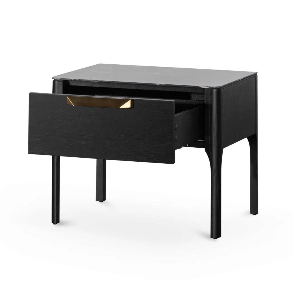Seren bedside table black with porcelain marble top and brushed brass handles