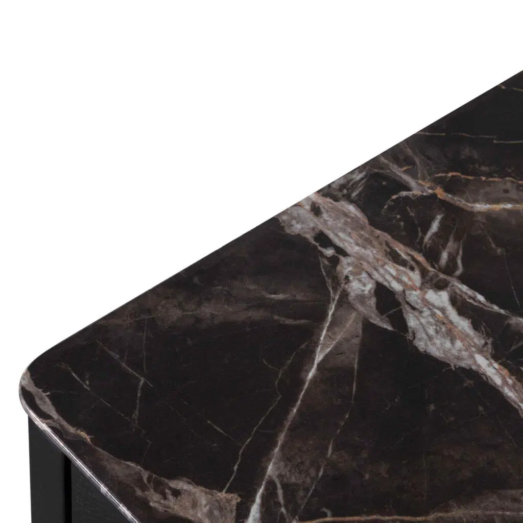 Seren bedside table black frame porcelain marble top geometric brass handles modern design