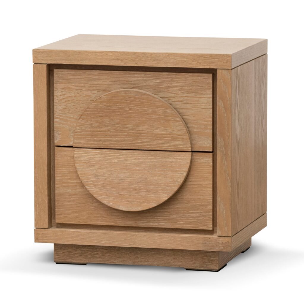Amira bedside table in dusty oak finish with modern minimalist design and smooth drawer handles