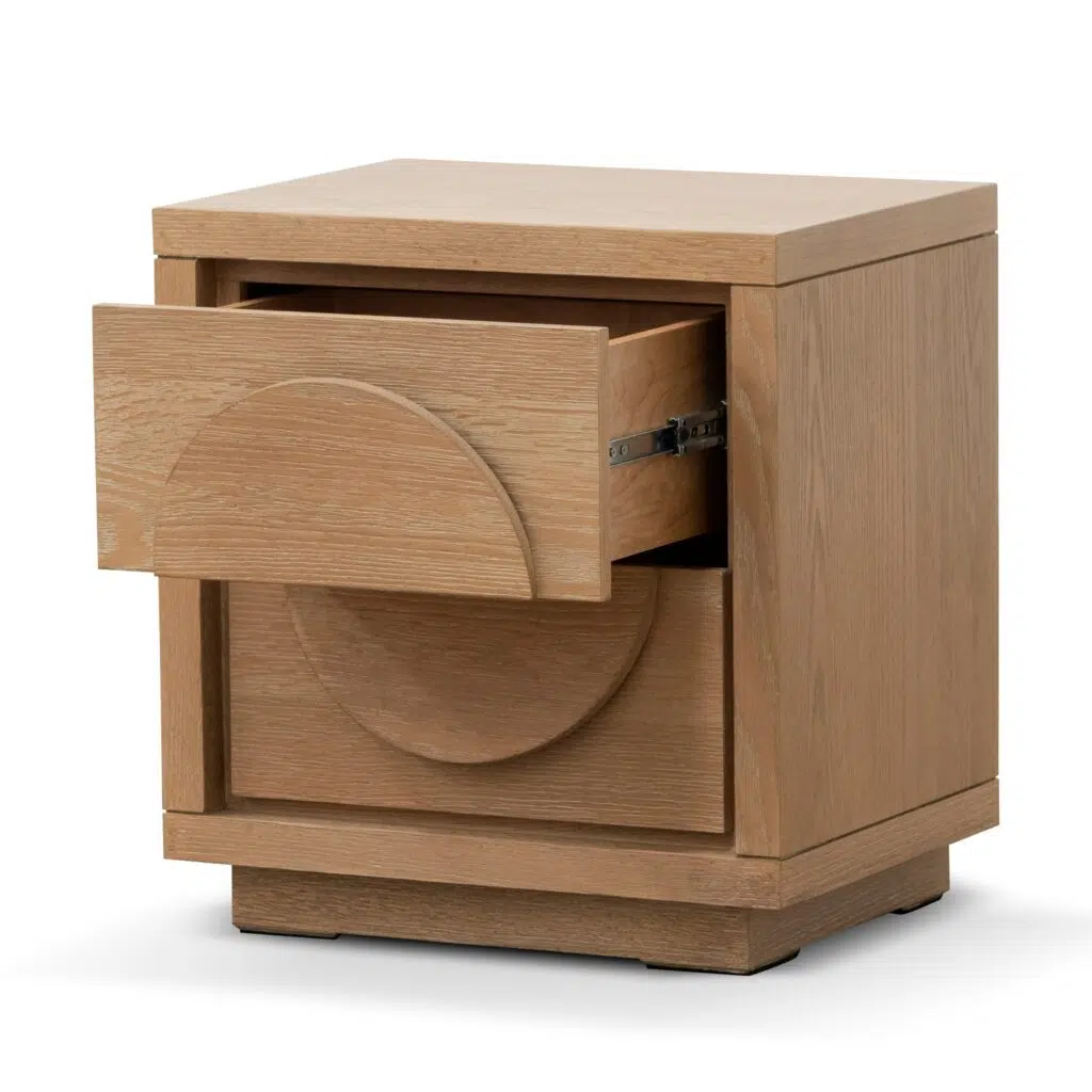 Amira bedside table in Dusty Oak finish with minimalist design and smooth drawer handles