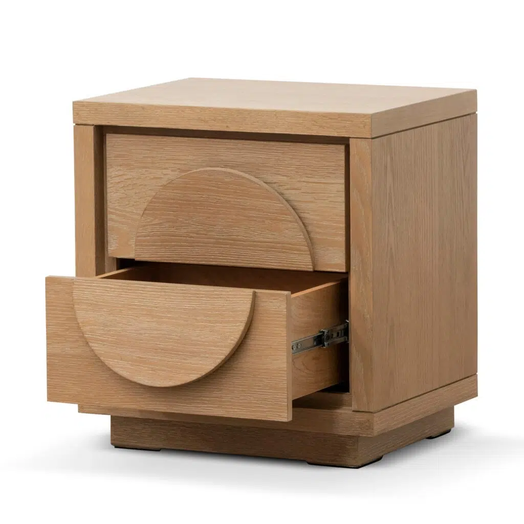 Amira bedside table in dusty oak finish with sleek modern design and compact dimensions