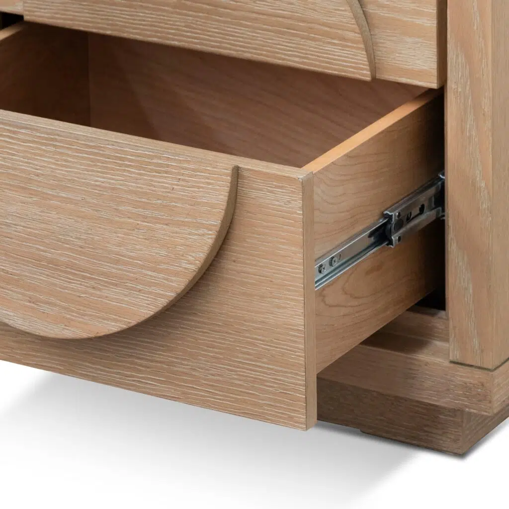 Amira bedside table in Dusty Oak finish with modern minimalist design and smooth drawer handles