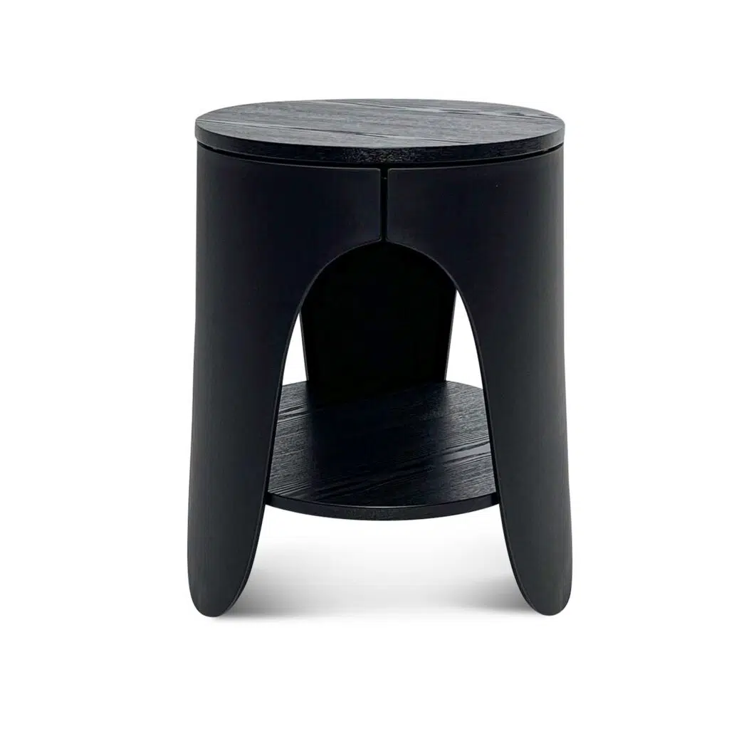 Nova round side table in full black with ash wood texture and three-leg support for modern spaces
