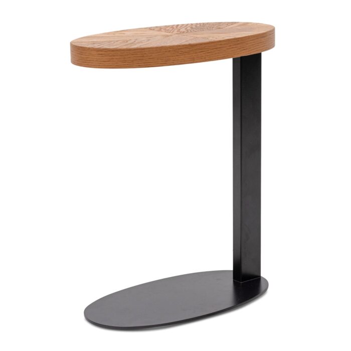 Ella Oval Side Table European Knotty Oak Compact Durable Peppercorn Metal Frame