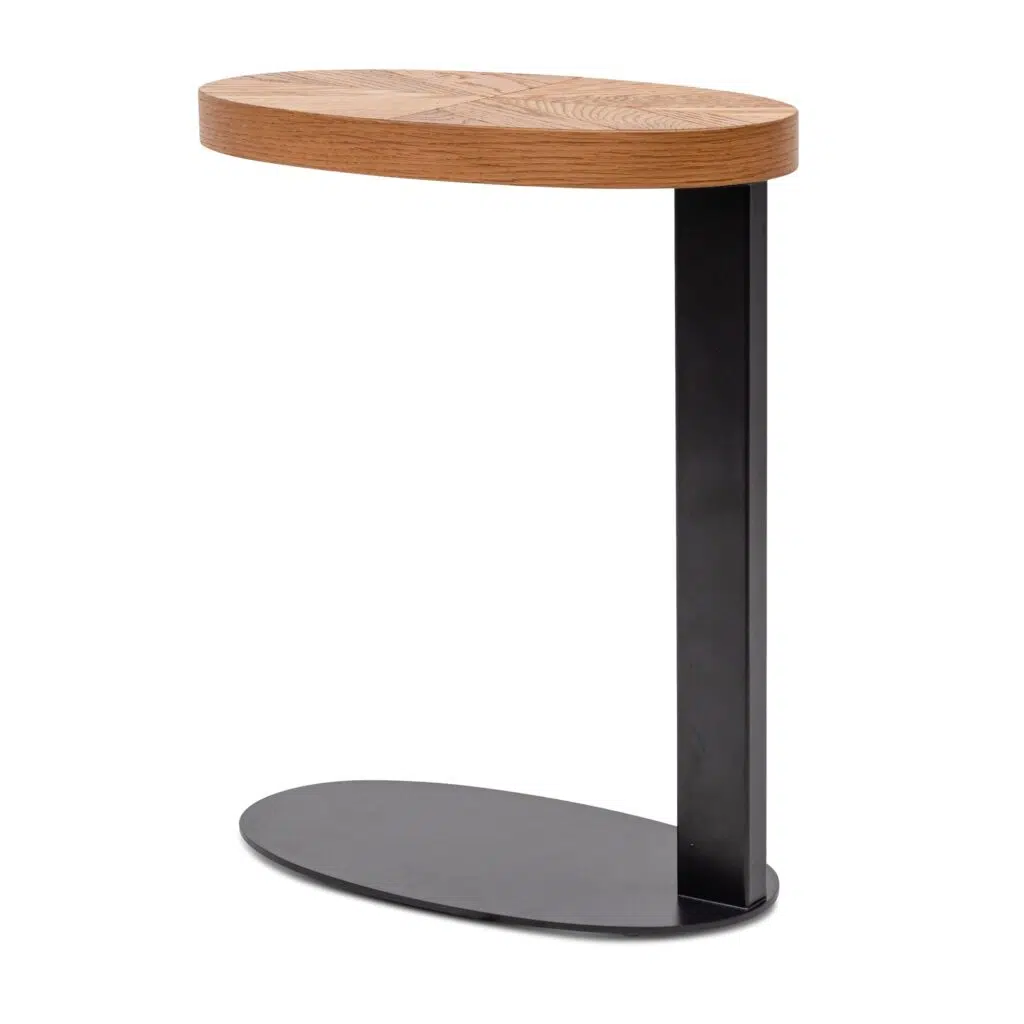 Ella oval side table with knotty oak top and peppercorn metal frame for modern spaces