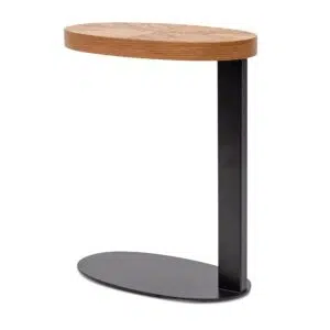 Ella oval side table with knotty oak top and peppercorn metal frame for modern spaces