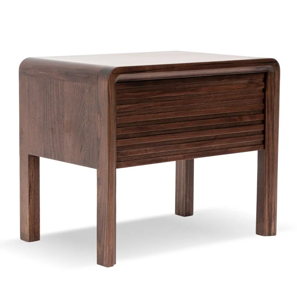 Wren Single Drawer Walnut Nightstand with natural wood grain, modern design for compact storage.