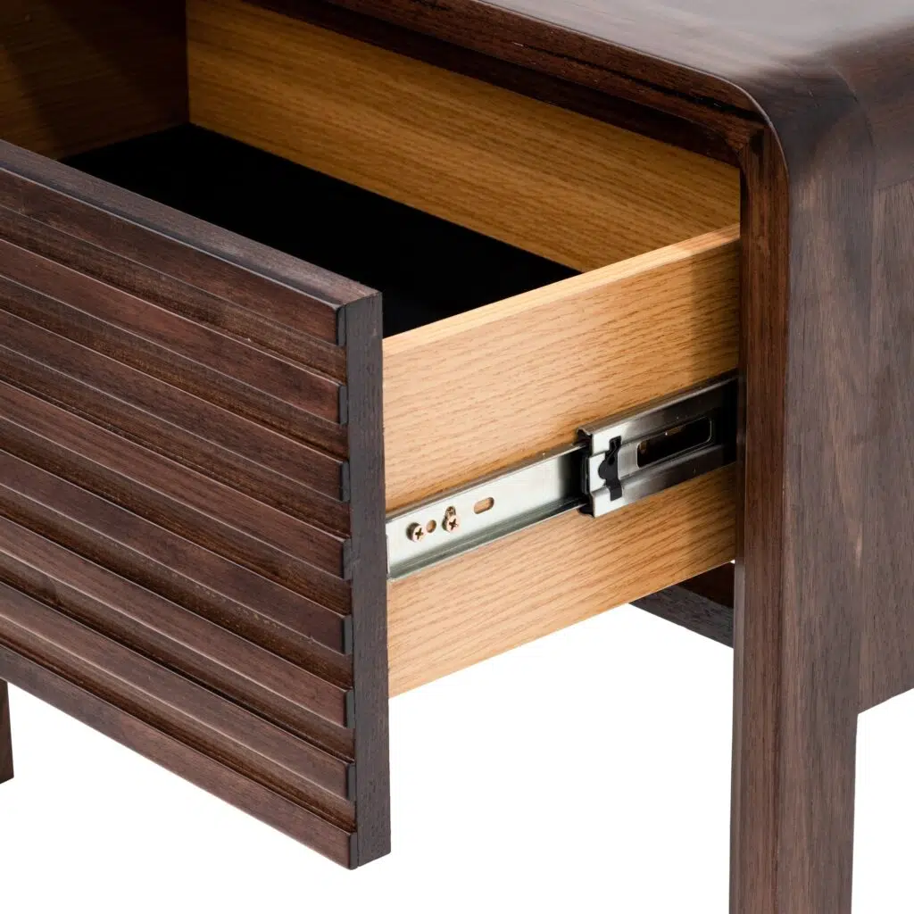 Walnut bedside table with single drawer and Marlborough legs for modern rooms