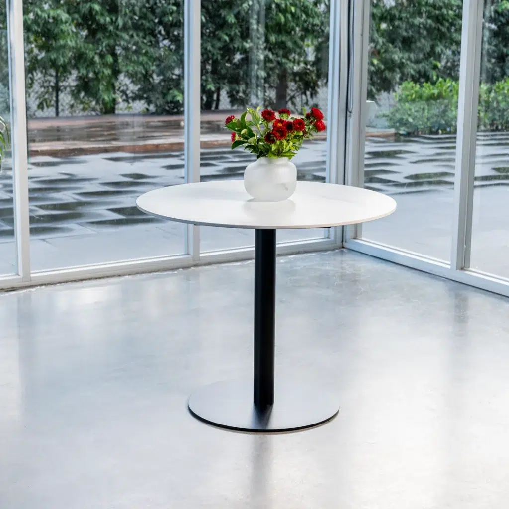 Strato Dining Table White Matte Ceramic Marble Finish Powdercoat Black Frame