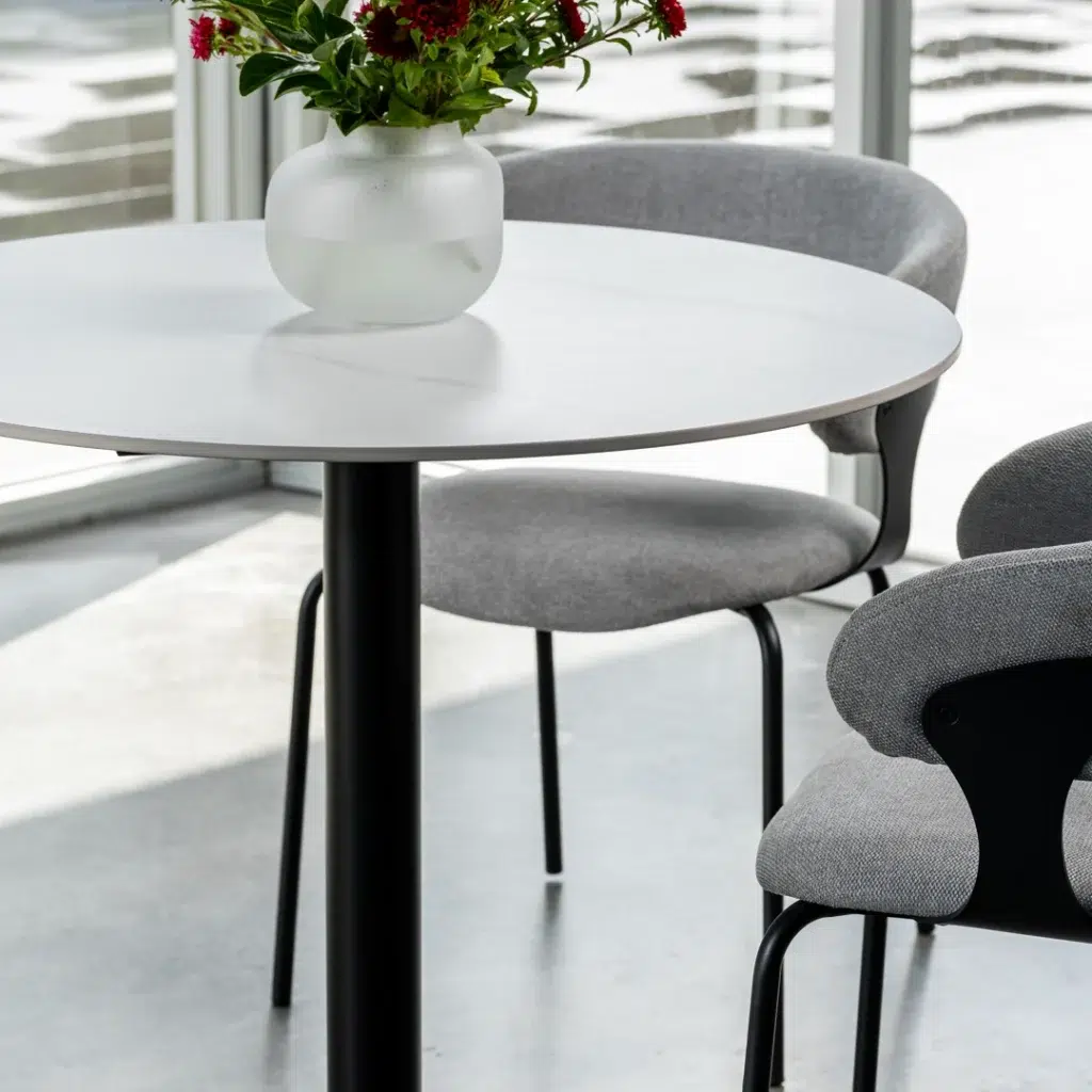 Strato White Dining Table Marble Finish Powder Coated Frame