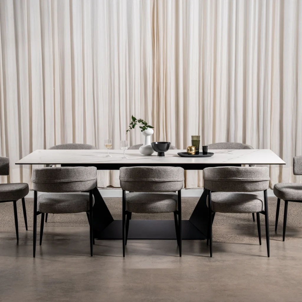 Modern Ceramic Dining Table with Marble Effect and Sleek Black Frame