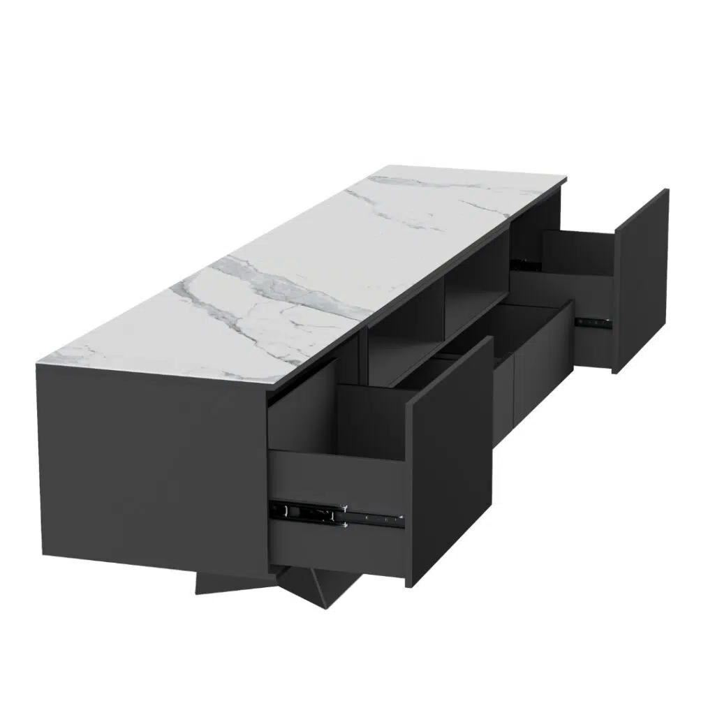 Modern Marmo Ceramic TV Unit with Marble Effect and Black Frame