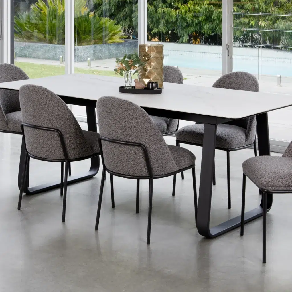 Lisbon Dining Chairs Slate Set of 2 with boucle upholstery and black metal frame