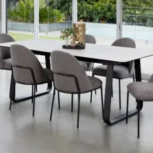 Lisbon Dining Chairs Slate Set of 2 with boucle upholstery and black metal frame