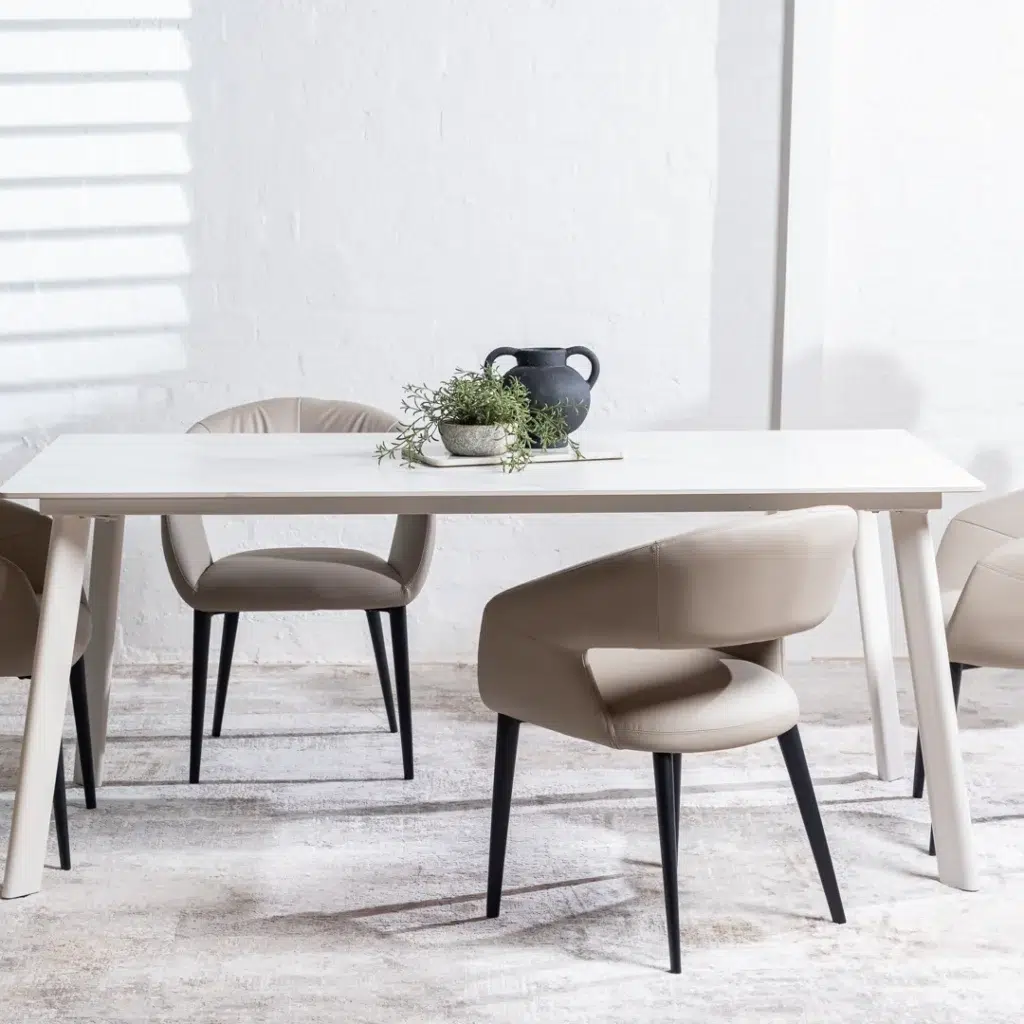 Beige eco-leather dining chairs set of 2 with black metal frame for modern interior