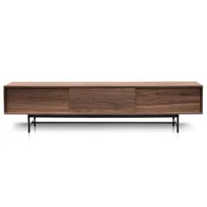 Walnut wooden TV entertainment unit with black legs and cable management holes