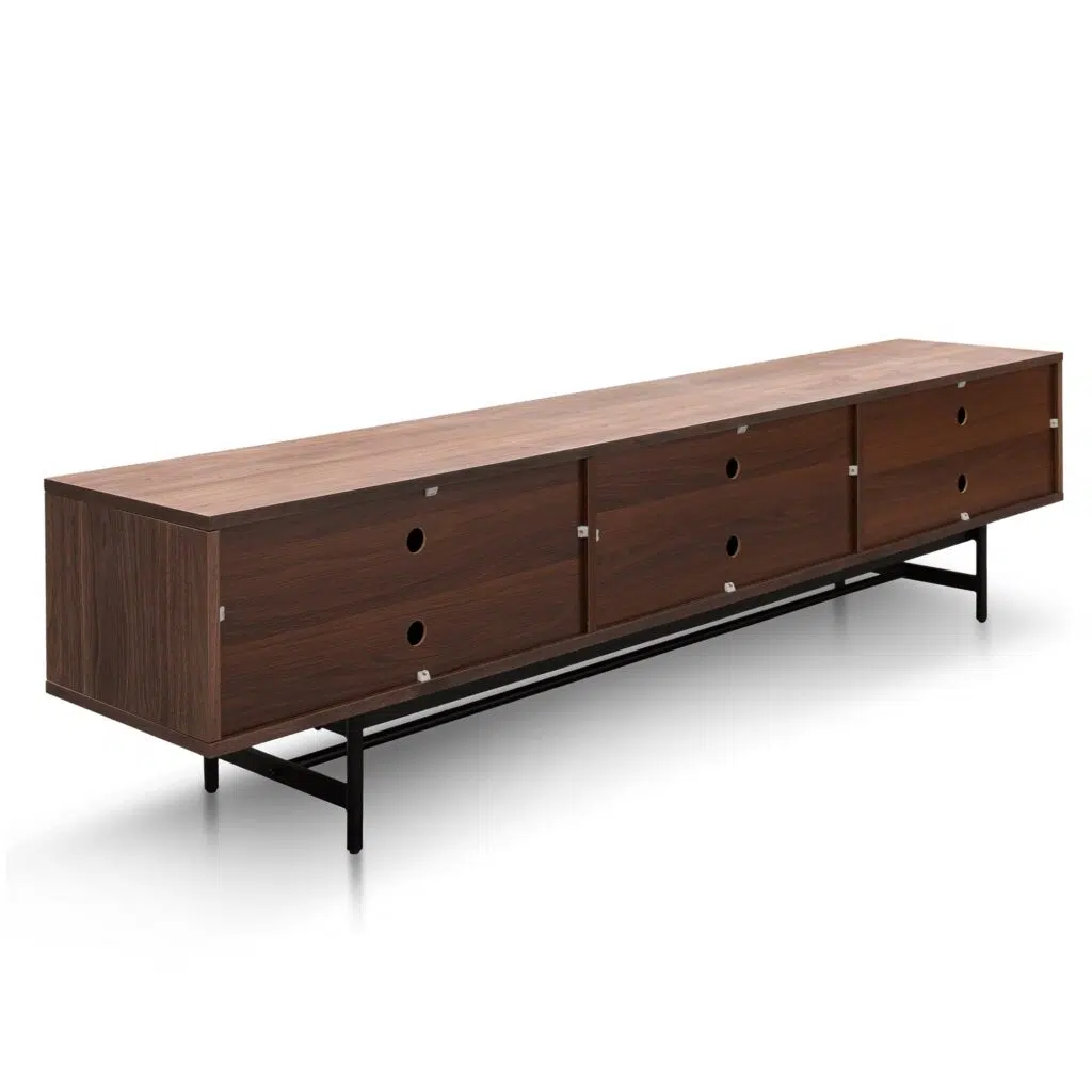 Walnut wooden TV entertainment unit with black legs and cable management holes