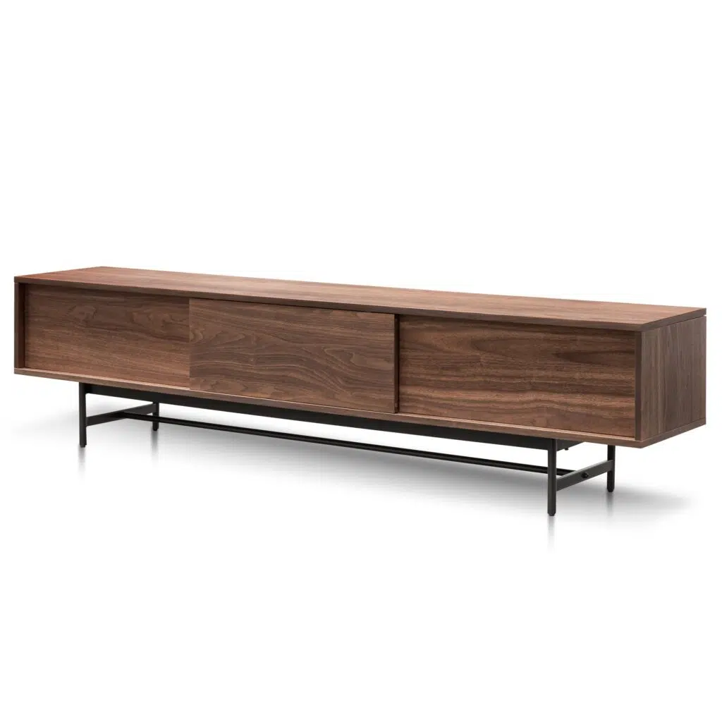 Walnut wooden TV entertainment unit with black legs and cable management holes for modern living rooms