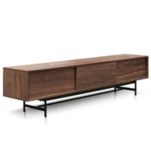 Walnut wooden TV entertainment unit with black legs and cable management for modern living rooms
