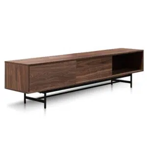 Walnut wooden TV entertainment unit with black legs and cable management holes