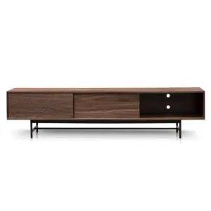 Walnut wooden TV entertainment unit with black legs and cable management holes