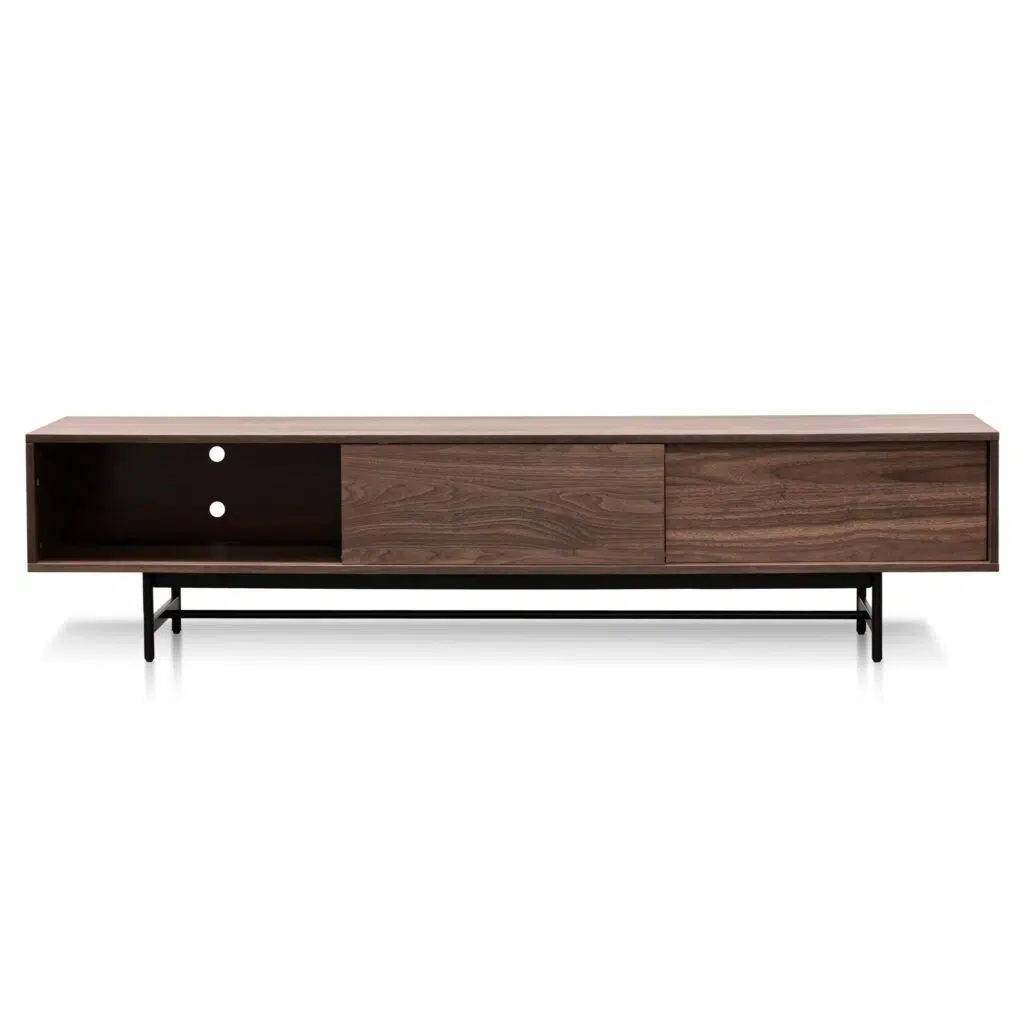 Walnut wooden TV entertainment unit with black legs and cable management holes