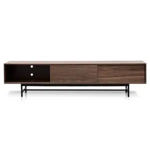 Walnut wooden TV entertainment unit with black legs and cable management holes