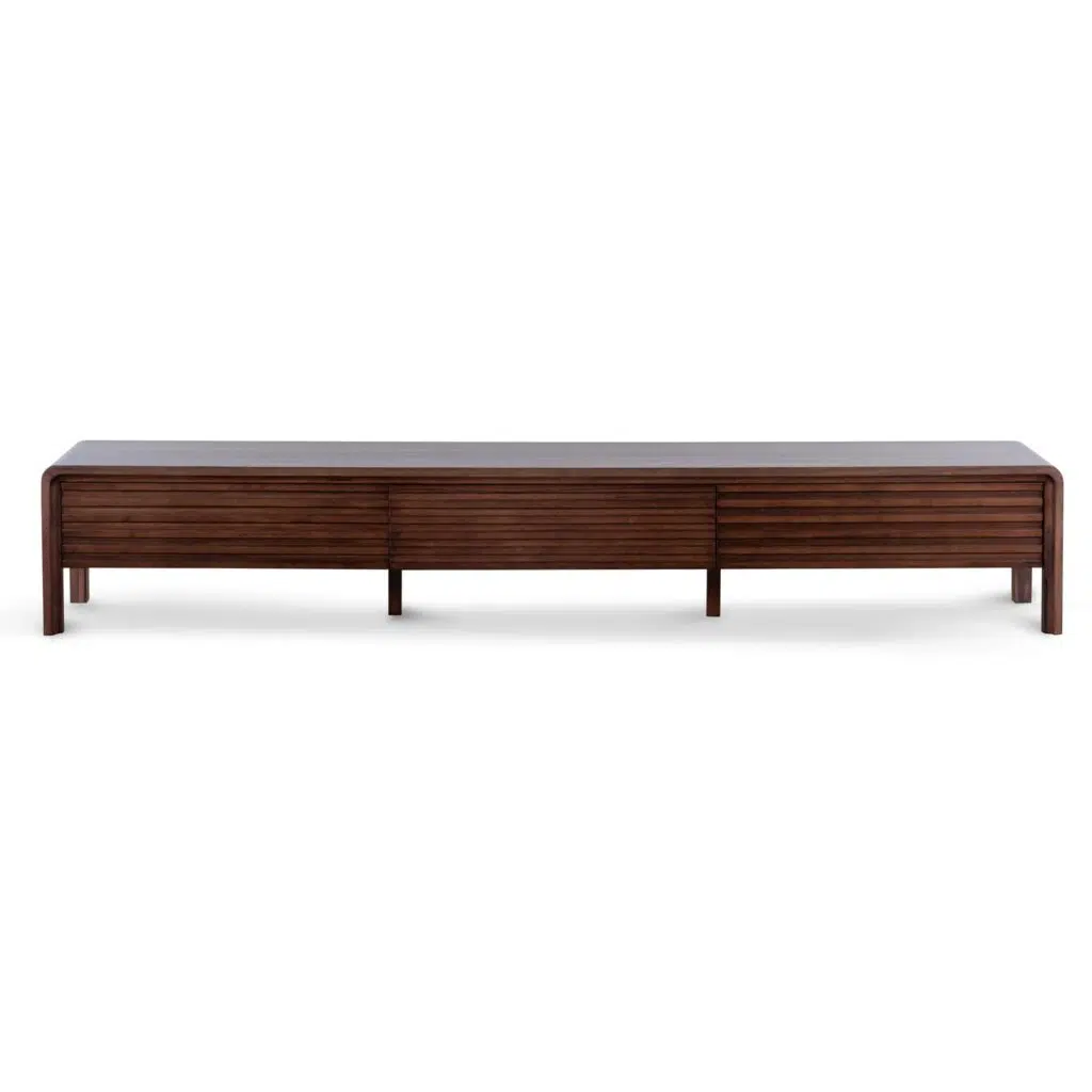 Liora 2.2m TV entertainment unit in walnut finish with rustic wooden slat drawers and square legs