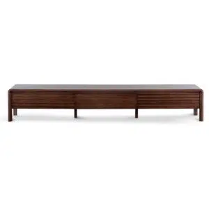 Liora 2.2m TV entertainment unit in walnut finish with rustic wooden slat drawers and square legs