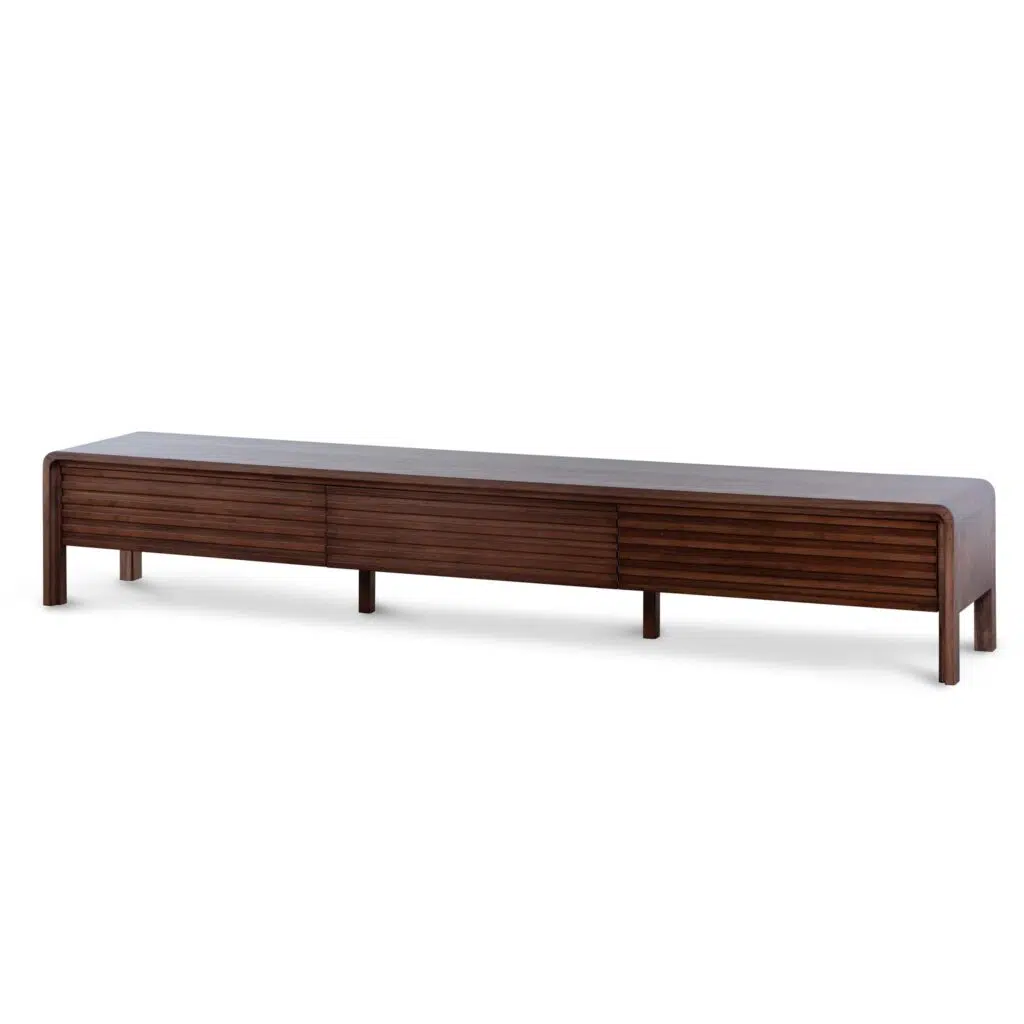 Liora 2.2m TV entertainment unit in walnut finish with rustic elegant design and storage drawers