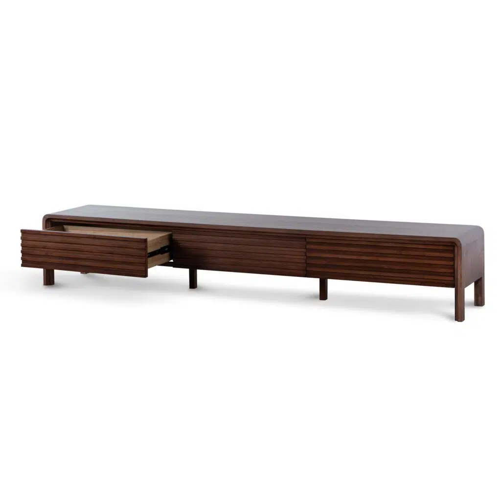 Walnut TV entertainment unit with rustic charm and modern functionality for living spaces