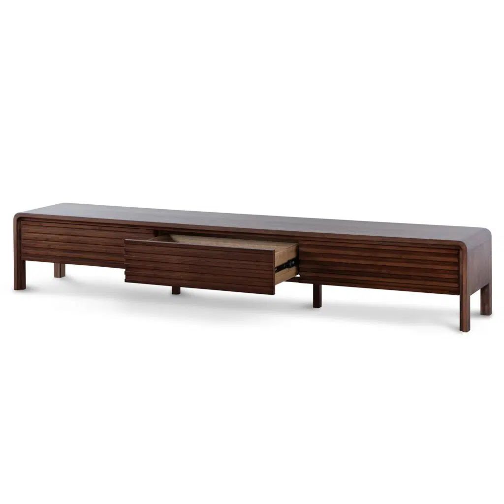 Liora 2.2m TV entertainment unit in walnut finish with rustic wood slat drawers and square-leg base