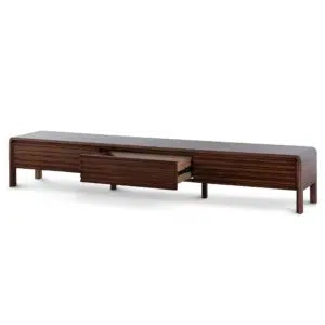 Liora 2.2m TV entertainment unit in walnut finish with rustic wood slat drawers and square-leg base