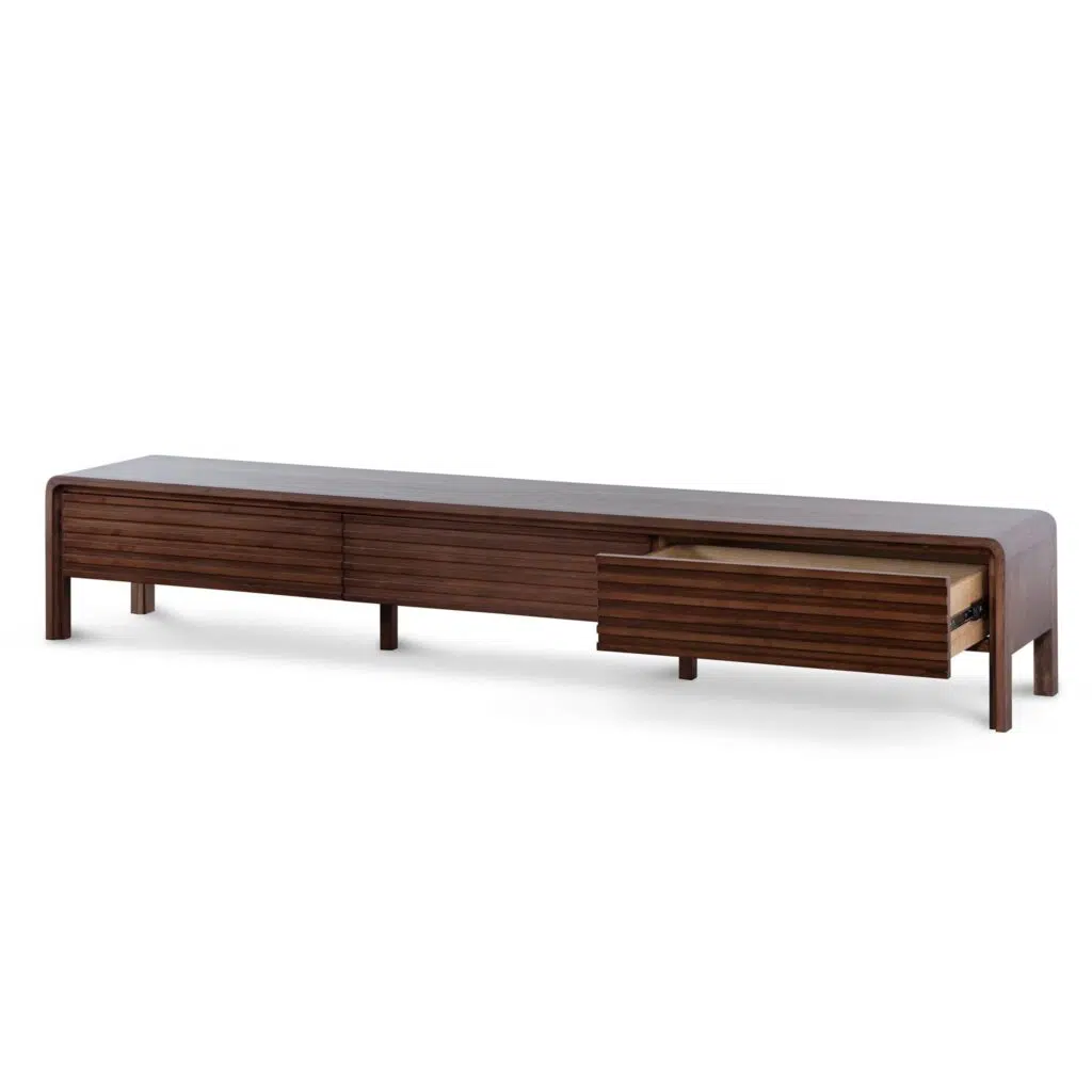 Liora 2.2m TV entertainment unit in walnut finish with rustic elegance and modern design