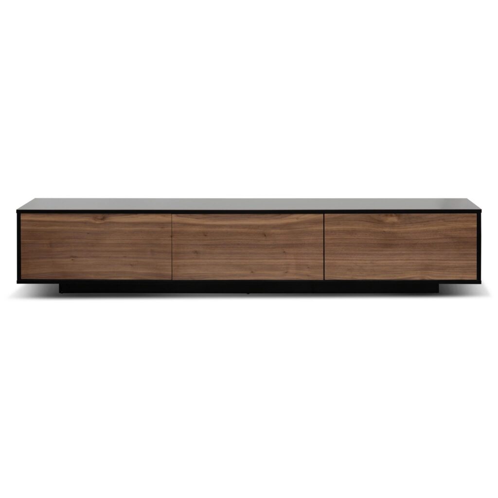Aaron 2.3m wooden entertainment unit black frame with walnut drawers sleek modern design