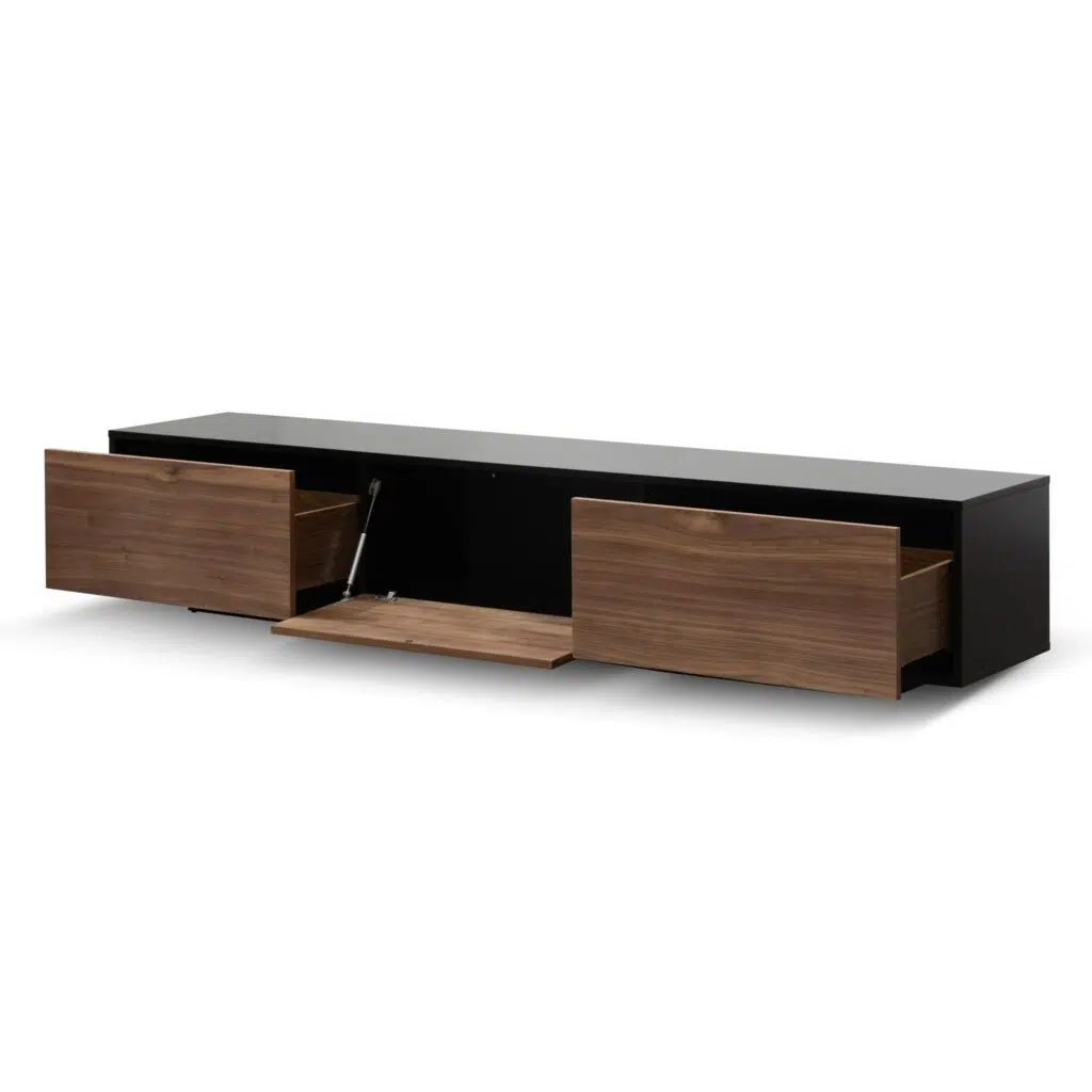 Aaron 2.3m wooden entertainment unit with black frame and walnut drawers for modern living rooms