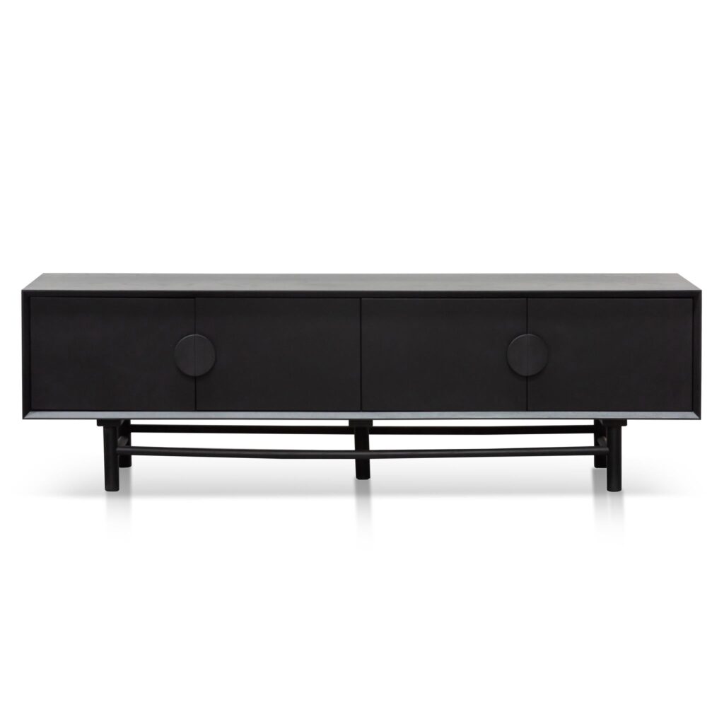 Levi 1.8m wooden TV entertainment unit in black with solid oak construction and retro-modern design