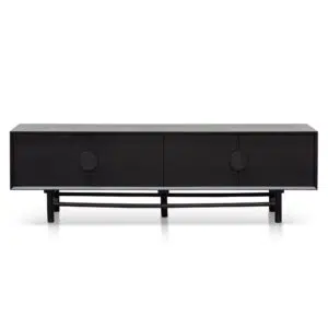 Levi 1.8m wooden TV entertainment unit in black with solid oak construction and retro-modern design