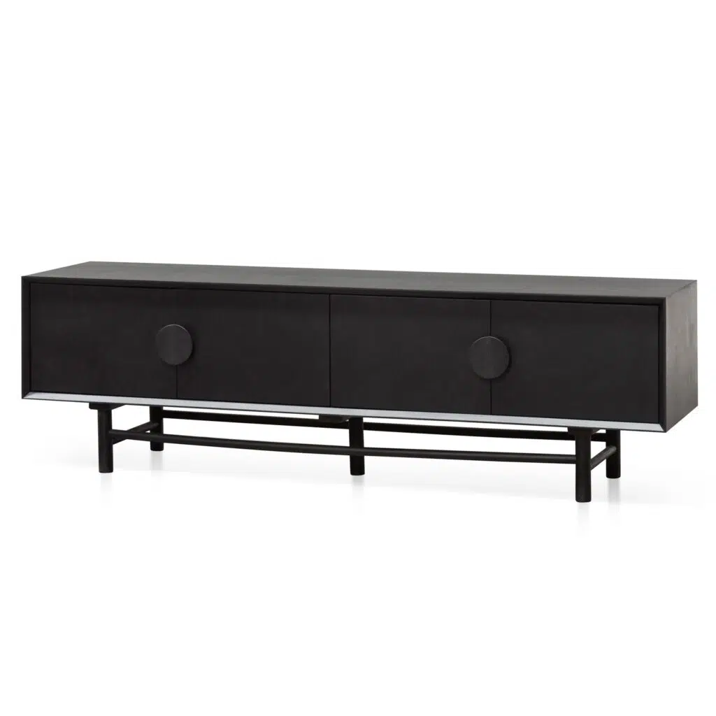 Levi 1.8m wooden TV entertainment unit in black with solid oak construction and sleek retro-modern design
