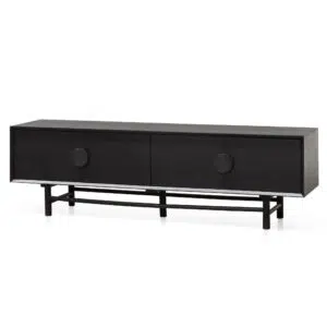 Levi 1.8m wooden TV entertainment unit in black with solid oak construction and sleek retro-modern design