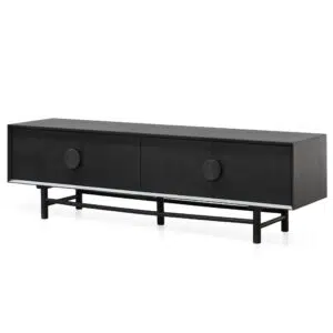 Levi 1.8m wooden TV entertainment unit in black with solid oak construction and sleek retro-modern design