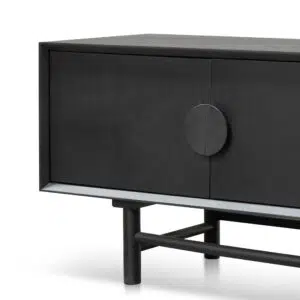 Levi 1.8m wooden TV entertainment unit in black with solid oak construction and retro-modern design