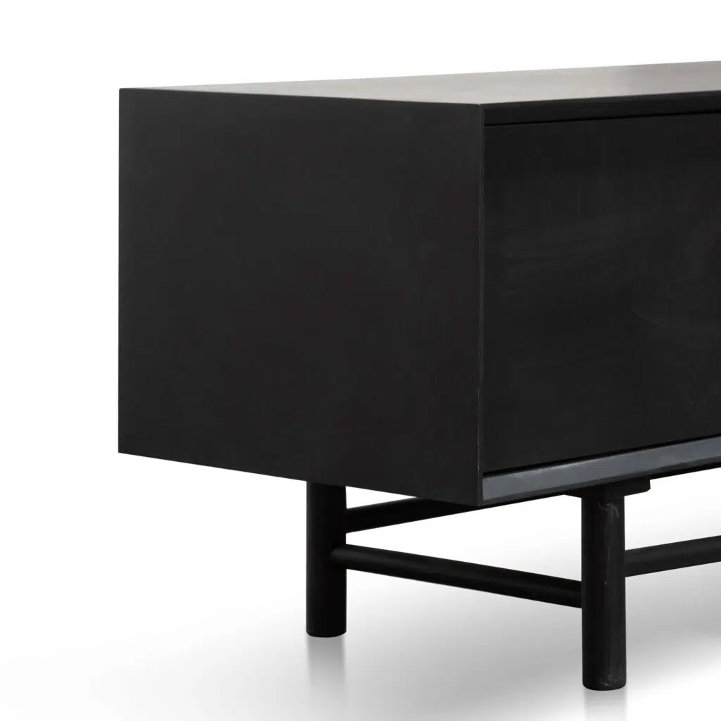 Levi 1.8m wooden TV entertainment unit in black with solid oak craftsmanship and sleek design